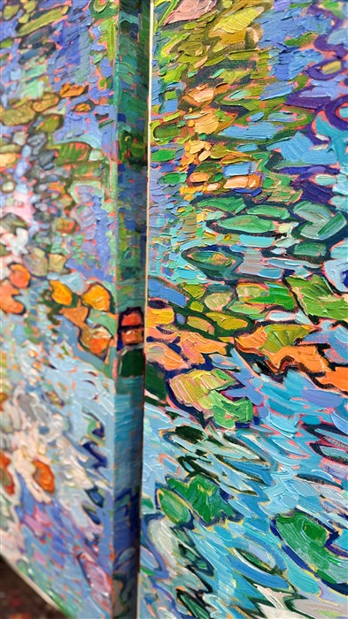 Monet's water lily garden inspired this contemporary impressionism masterpiece by Erin Hanson. Completed in her signature Open Impressionism style, Hanson's first 5-paneled painting (a "pentaptych") captures the beautiful blues and greens of France. Thick brushstrokes of oil paint create a sense of movement throughout the painting, capturing the emotional feeling of standing by the side of Monet's pond and gazing out into the reflections.