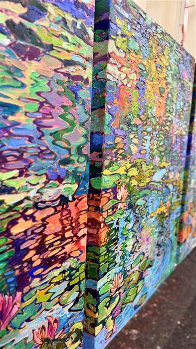 Monet's water lily garden inspired this contemporary impressionism masterpiece by Erin Hanson. Completed in her signature Open Impressionism style, Hanson's first 5-paneled painting (a "pentaptych") captures the beautiful blues and greens of France. Thick brushstrokes of oil paint create a sense of movement throughout the painting, capturing the emotional feeling of standing by the side of Monet's pond and gazing out into the reflections.