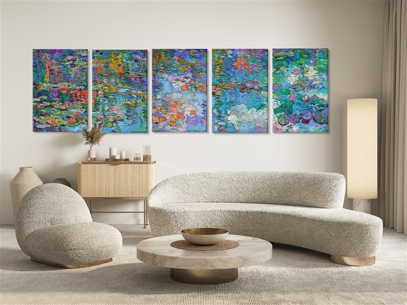 Monet's water lily garden inspired this contemporary impressionism masterpiece by Erin Hanson. Completed in her signature Open Impressionism style, Hanson's first 5-paneled painting (a "pentaptych") captures the beautiful blues and greens of France. Thick brushstrokes of oil paint create a sense of movement throughout the painting, capturing the emotional feeling of standing by the side of Monet's pond and gazing out into the reflections.</p><p>"Expanse of Lilies" will be on display at The Erin Hanson Gallery for The Colossal Collection on August 9th, 2025. You are welcome to join us for the Artist's reception! 