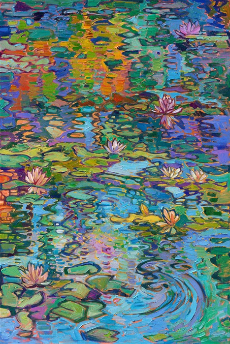 Monet's water lily garden inspired this contemporary impressionism masterpiece by Erin Hanson. Completed in her signature Open Impressionism style, Hanson's first 5-paneled painting (a "pentaptych") captures the beautiful blues and greens of France. Thick brushstrokes of oil paint create a sense of movement throughout the painting, capturing the emotional feeling of standing by the side of Monet's pond and gazing out into the reflections.