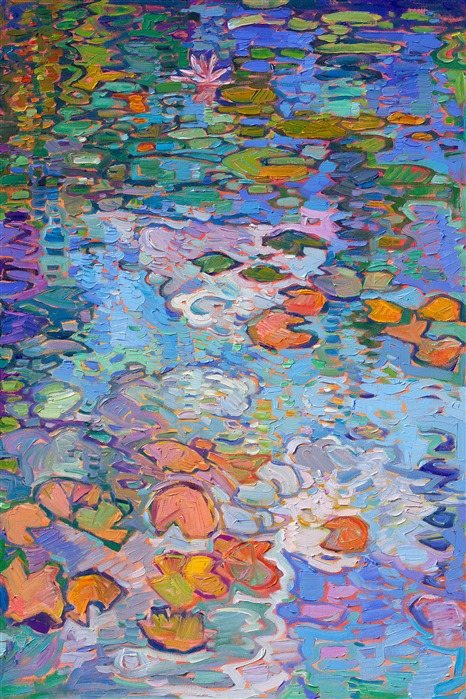 Monet's water lily garden inspired this contemporary impressionism masterpiece by Erin Hanson. Completed in her signature Open Impressionism style, Hanson's first 5-paneled painting (a "pentaptych") captures the beautiful blues and greens of France. Thick brushstrokes of oil paint create a sense of movement throughout the painting, capturing the emotional feeling of standing by the side of Monet's pond and gazing out into the reflections.