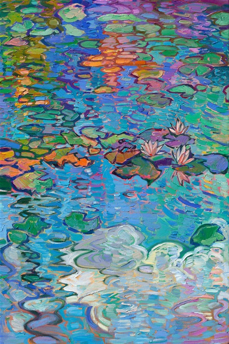 Monet's water lily garden inspired this contemporary impressionism masterpiece by Erin Hanson. Completed in her signature Open Impressionism style, Hanson's first 5-paneled painting (a "pentaptych") captures the beautiful blues and greens of France. Thick brushstrokes of oil paint create a sense of movement throughout the painting, capturing the emotional feeling of standing by the side of Monet's pond and gazing out into the reflections.