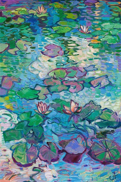 Monet's water lily garden inspired this contemporary impressionism masterpiece by Erin Hanson. Completed in her signature Open Impressionism style, Hanson's first 5-paneled painting (a "pentaptych") captures the beautiful blues and greens of France. Thick brushstrokes of oil paint create a sense of movement throughout the painting, capturing the emotional feeling of standing by the side of Monet's pond and gazing out into the reflections.
