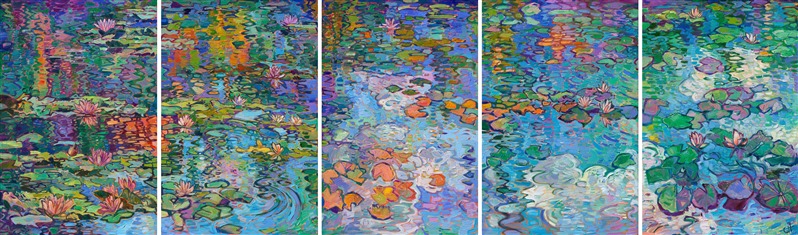 Monet's water lily garden inspired this contemporary impressionism masterpiece by Erin Hanson. Completed in her signature Open Impressionism style, Hanson's first 5-paneled painting (a "pentaptych") captures the beautiful blues and greens of France. Thick brushstrokes of oil paint create a sense of movement throughout the painting, capturing the emotional feeling of standing by the side of Monet's pond and gazing out into the reflections.