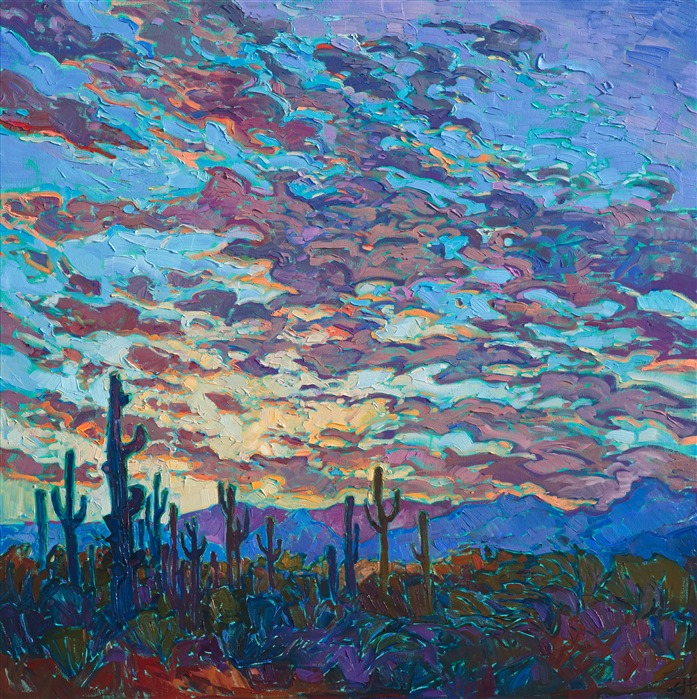 A traditional Arizona vista is captured in non-traditional, expressionistic color. The thick brushstrokes of oil paint curl through the sky, creating a vivid sense of motion within the painting. The paint seems to glow with light from within.</p><p>This painting was done on 1-1/2" canvas, with the painting continued around the edges of the canvas, and it has been framed in a custom, gold-leaf floater frame. The painting arrives ready to hang.