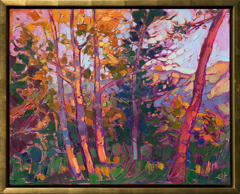 Beautiful fall color is illuminated with late afternoon color in this contemporary impressionist landscape.  The loose brush strokes are thickly applied with painterly effect.  The colors come together in a mosaic of light, forming a rhythm in the painting that keeps your eye engaged.</p><p>This painting was created on 1-1/2" canvas, with the painting continued around the edges. It has been framed in a gold floater frame, which lets you see as much of the surface of the painting as possible. This painting will arrive wired and ready to hang.