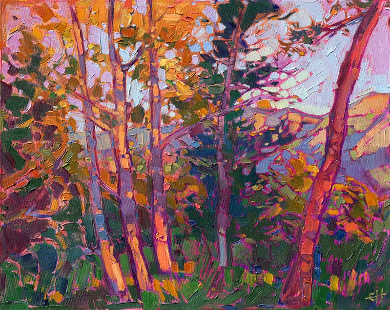 Beautiful fall color is illuminated with late afternoon color in this contemporary impressionist landscape.  The loose brush strokes are thickly applied with painterly effect.  The colors come together in a mosaic of light, forming a rhythm in the painting that keeps your eye engaged.</p><p>This painting was created on 1-1/2" canvas, with the painting continued around the edges. It has been framed in a gold floater frame, which lets you see as much of the surface of the painting as possible. This painting will arrive wired and ready to hang.