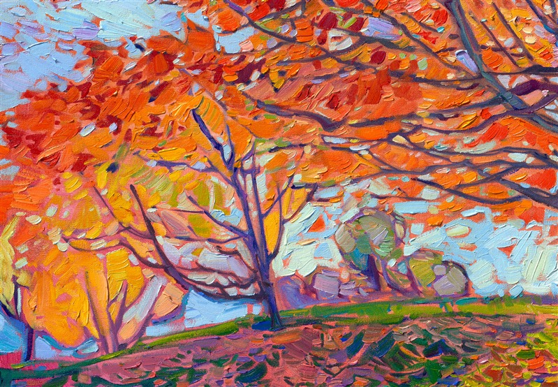 Celebrate the colors of fall with this painting of Oregon maple trees in hues of fiery orange and red, by local impressionist oil painter Erin Hanson. Visit The Erin Hanson Gallery in McMinnville, Oregon, to find more artwork of Oregon's Willamette Valley wine country.