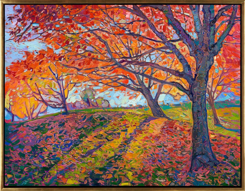 Celebrate the colors of fall with this painting of Oregon maple trees in hues of fiery orange and red, by local impressionist oil painter Erin Hanson. Visit The Erin Hanson Gallery in McMinnville, Oregon, to find more artwork of Oregon's Willamette Valley wine country.