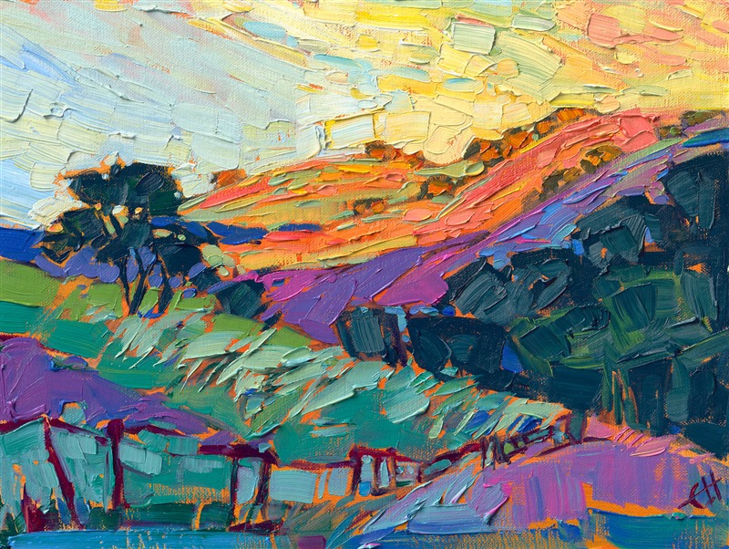 Rainbow hues of early dawn sparkle across the rolling hills of Paso Robles wine country. The impasto brush strokes are thick and lively, capturing the transient beauty of the changing light.</p><p>"Fence and Hills" was created on linen board, and the oil painting arrives framed in a plein air frame.