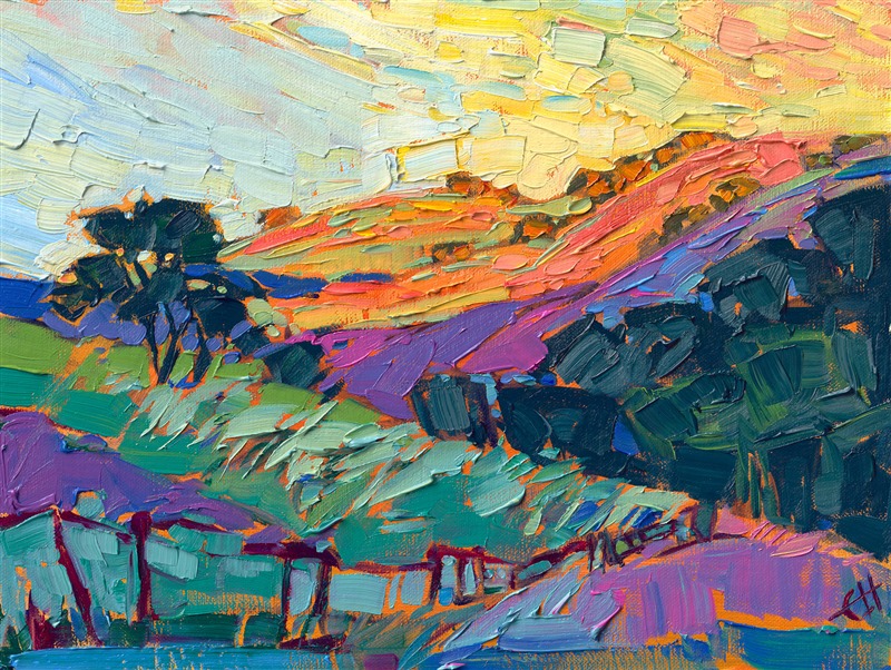 Rainbow hues of early dawn sparkle across the rolling hills of Paso Robles wine country. The impasto brush strokes are thick and lively, capturing the transient beauty of the changing light.

"Fence and Hills" was created on linen board, and the oil painting arrives framed in a plein air frame.
