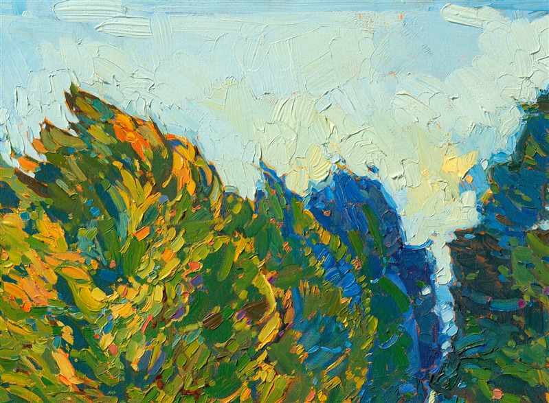 This abstract impressionist painting was inspired by the stately ficus trees growing in Pasadena, California. Their wide, outstretched branches interlace into a mosaic of color and light, as captured in lively impressionist oils by Erin Hanson.