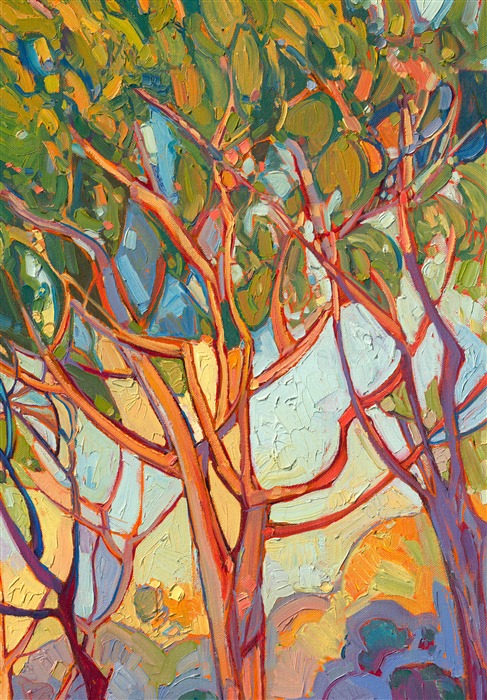 This abstract impressionist painting was inspired by the stately ficus trees growing in Pasadena, California. Their wide, outstretched branches interlace into a mosaic of color and light, as captured in lively impressionist oils by Erin Hanson.