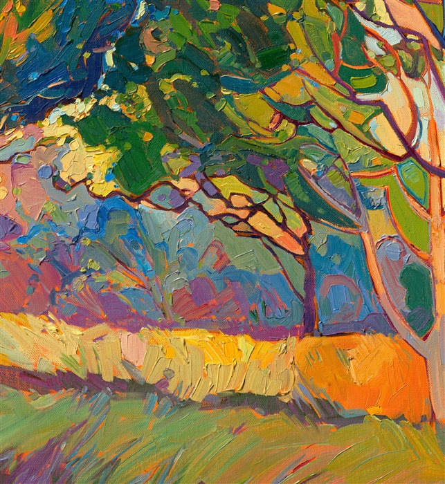 This abstract impressionist painting was inspired by the stately ficus trees growing in Pasadena, California. Their wide, outstretched branches interlace into a mosaic of color and light, as captured in lively impressionist oils by Erin Hanson.