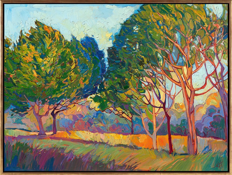 This abstract impressionist painting was inspired by the stately ficus trees growing in Pasadena, California. Their wide, outstretched branches interlace into a mosaic of color and light, as captured in lively impressionist oils by Erin Hanson.