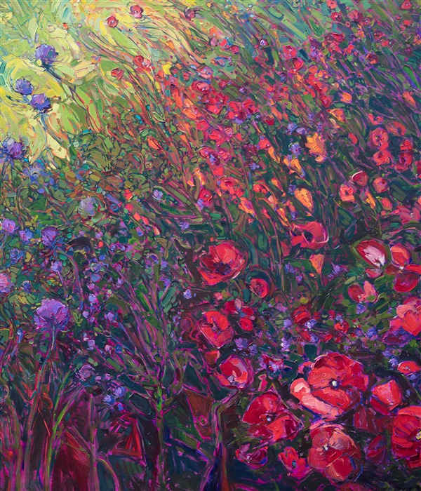 A wide expanse of wildflowers sweeps across the canvas in this large oil painting.  The expressionist movement of brush strokes captures the vibrancy and color of the poppies, thistles and daisies growing among the grasses. The abstracted shapes of the landscape come together in a harmony of motion and color.</p><p>This painting measures 13 feet wide by 6 1/2 feet tall.  The stretched canvas is 3" deep, with the painting continued around the edges. Read more about the <a href="https://www.erinhanson.com/Blog?p=AboutErinHanson" target="_blank">painting's details here.</a><br/>