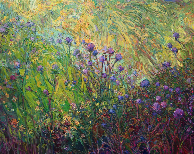 A wide expanse of wildflowers sweeps across the canvas in this large oil painting.  The expressionist movement of brush strokes captures the vibrancy and color of the poppies, thistles and daisies growing among the grasses. The abstracted shapes of the landscape come together in a harmony of motion and color.</p><p>This painting measures 13 feet wide by 6 1/2 feet tall.  The stretched canvas is 3" deep, with the painting continued around the edges. Read more about the <a href="https://www.erinhanson.com/Blog?p=AboutErinHanson" target="_blank">painting's details here.</a><br/>