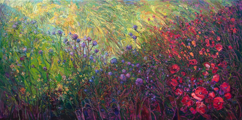 A wide expanse of wildflowers sweeps across the canvas in this large oil painting.  The expressionist movement of brush strokes captures the vibrancy and color of the poppies, thistles and daisies growing among the grasses. The abstracted shapes of the landscape come together in a harmony of motion and color.</p><p>This painting measures 13 feet wide by 6 1/2 feet tall.  The stretched canvas is 3" deep, with the painting continued around the edges. Read more about the <a href="https://www.erinhanson.com/Blog?p=AboutErinHanson" target="_blank">painting's details here.</a><br/>