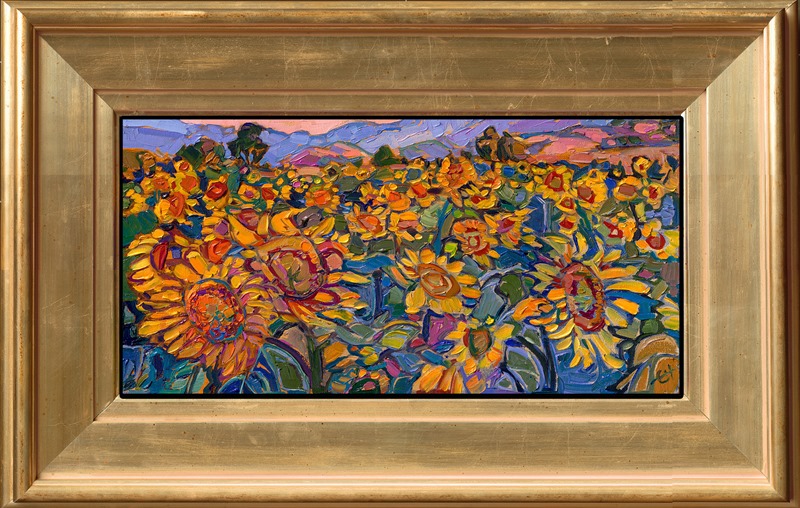 This petite painting captures a field of sunflowers in Provence, France. Nestled among the lavender fields, I came across these sunflowers early one morning. The sunflowers and surrounding landscape were bathed in warm, golden hour light. Each brush stroke captures the movement and vivacious colors of the scene.