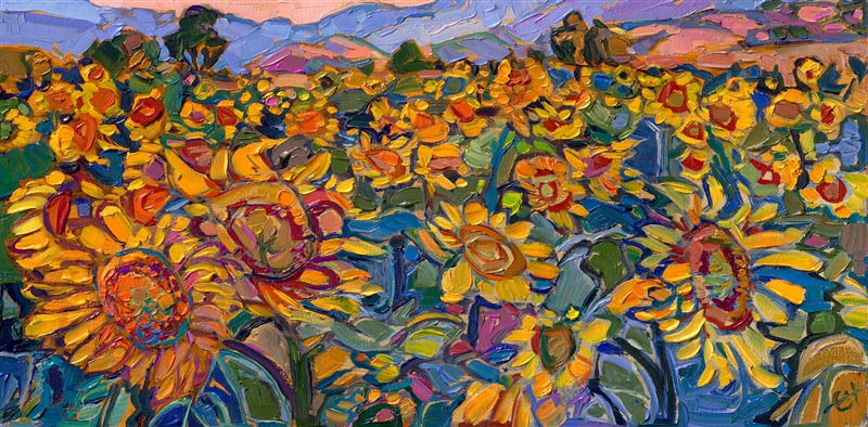 This petite painting captures a field of sunflowers in Provence, France. Nestled among the lavender fields, I came across these sunflowers early one morning. The sunflowers and surrounding landscape were bathed in warm, golden hour light. Each brush stroke captures the movement and vivacious colors of the scene.