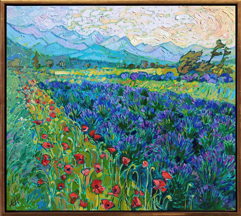 Apple-red poppies grow next to rows of lavender, in this painting of northwestern Washington. The vivid hues of blue and purple contrast beautifully with the softer hues of yellow and green. Each brushstroke is thickly applied and alive with texture and motion. </p><p>"Fields of Lavender" was created on 1-1/2" canvas, with the painting continued around the sides of the canvas. The painting arrives framed in a contemporary floater frame finished with 23kt gold leaf.