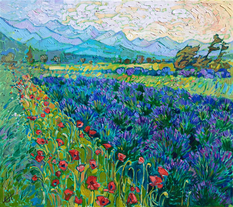 Apple-red poppies grow next to rows of lavender, in this painting of northwestern Washington. The vivid hues of blue and purple contrast beautifully with the softer hues of yellow and green. Each brushstroke is thickly applied and alive with texture and motion. </p><p>"Fields of Lavender" was created on 1-1/2" canvas, with the painting continued around the sides of the canvas. The painting arrives framed in a contemporary floater frame finished with 23kt gold leaf.