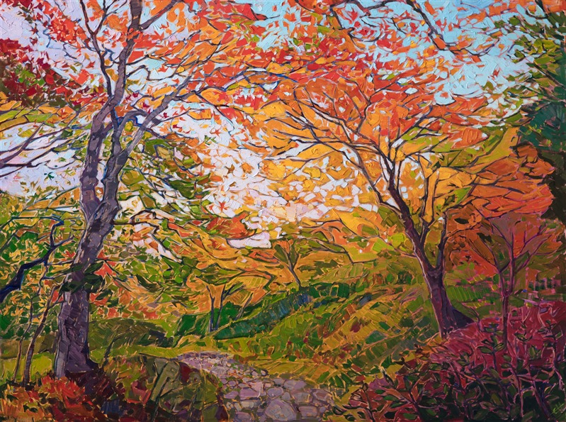 A delicate filigree of color bursts over the canvas in the painting of Japanese maple trees. Each tiny, star-pointed leaf seems to hang suspended in the air, forming a mosaic pattern of color across the landscape.</p><p>This painting was created on 1-1/2" canvas, with the painting continued around the edges. The piece will be framed in a curved gold floater frame.