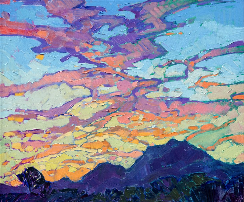 Dramatic yet delicate clouds form in intricate, filigree shapes above the jutting mountain's edge.  The painterly brush strokes in this small oil painting are thick and full of texture, alive with color and motion.</p><p>This painting was done on fine linen board.  It has been framed and will arrive ready to hang.