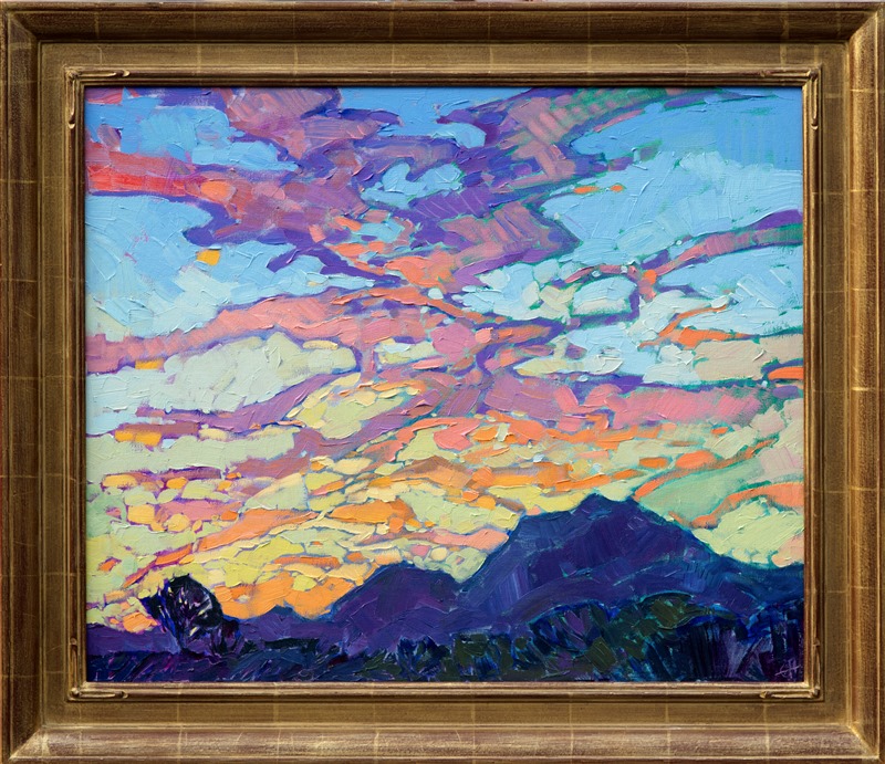 Dramatic yet delicate clouds form in intricate, filigree shapes above the jutting mountain's edge.  The painterly brush strokes in this small oil painting are thick and full of texture, alive with color and motion.</p><p>This painting was done on fine linen board.  It has been framed and will arrive ready to hang.