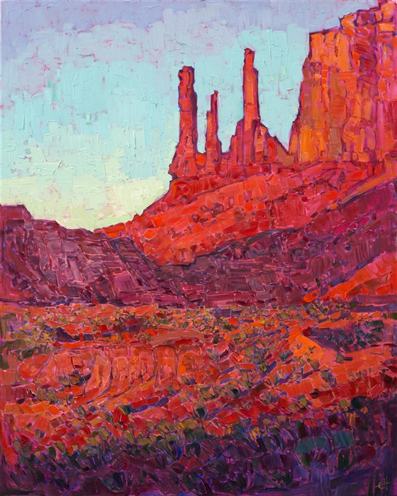 Inspired by Arches National Park, this painting captures the brilliant color of dawn light hitting the Park's enormous and majestic fins of red sandstone.  The abstract style of the painting perfectly renders the bold statement shapes of these ancient formations.  </p><p>This painting was created on 1-1/2"-deep canvas, with the painting continued around the edges.  It has been framed in a gold floater frame.