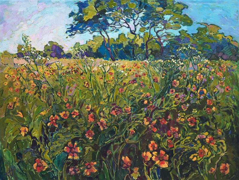 Yellow and orange firewheels spin with color in this painting of Texas hill country.  The colorful wildflowers stand out bright against the spring green grass.  Each impressionistic brush stroke creates a sense of movement within the painting.

This painting was created on 1-1/2" deep canvas, with the painting continued around the edges.  The painting arrives framed in a carved floater frame designed for the painting.

This painting will be displayed at <a href="https://www.erinhanson.com/event/californiasuperbloomartexhibition">The Super Bloom Show</a>, September 9th, at The Erin Hanson Gallery in San Diego.  If you purchase this painting before the show, your piece will be shipped to you after September 9th.
