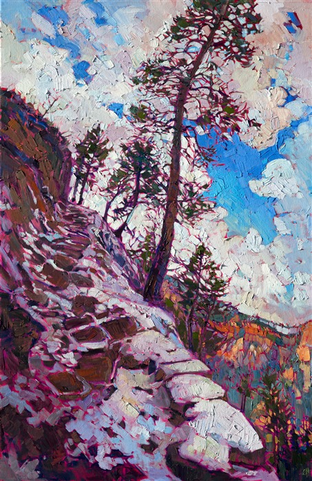 On day five of a recent backpacking trip through Zion National Park, it snowed almost all day, the clouds occasionally parting to expose brilliant blue skies overhead.  The last leg of the journey from Kolob Canyon to the East Gate involved steep, winding switchbacks that cut narrowly along the steep cliffs.  The rocks were beautifully cut into stair shapes when the going got too steep.  This painting captures that adventure and grandeur of the moment.</p><p>This painting was created on a gallery-depth canvas with the painting continued around the edges. The painting will arrive in a beautiful hardwood floater frame, ready to hang.</p><p>Exhibited: St George Art Museum, Utah, in a solo exhibition celebrating the National Park's centennial: <i><a href="https://www.erinhanson.com/Event/ErinHansonMuseumShow2016" target="_blank">Erin Hanson's Painted Parks</a></i>, 2016.
