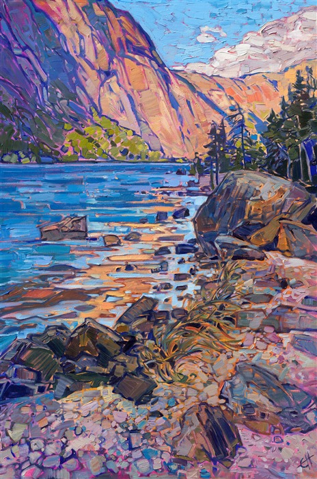 Soft hues of caramel and buttermilk are reflected in the calm waters of a Norwegian fjord. I first saw the potential for this painting while driving along a road that bordered this fjord. I pulled the car over and scrambled down the bank, pushing my way through pine trees and undergrowth. When I got to the water's edge, I saw this perfect composition of curving waters and reflected cliffsides. I captured this scene of the warm light of golden hour with impasto, painterly brush strokes.</p><p>This painting is included in Erin's gallery exhibition, <a href="https://www.erinhanson.com/Event/norwayshow"><i>The Norway Show</i></a>. You may purchase this painting now, and it will be shipped after the show on May 9th, 2026. 