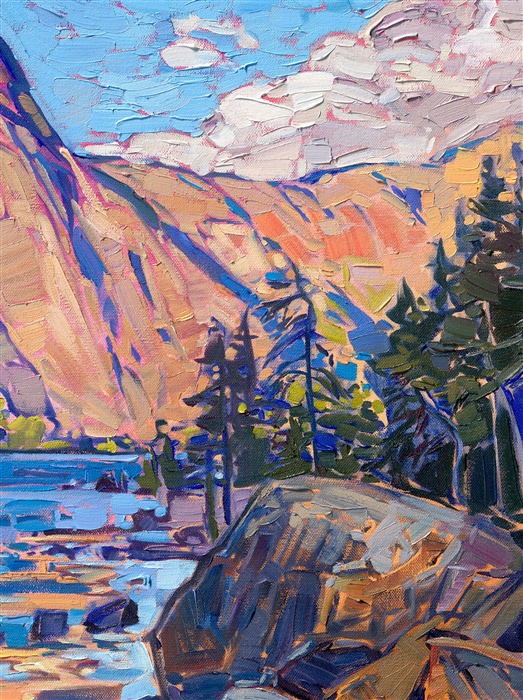 Soft hues of caramel and buttermilk are reflected in the calm waters of a Norwegian fjord. I first saw the potential for this painting while driving along a road that bordered this fjord. I pulled the car over and scrambled down the bank, pushing my way through pine trees and undergrowth. When I got to the water's edge, I saw this perfect composition of curving waters and reflected cliffsides. I captured this scene of the warm light of golden hour with impasto, painterly brush strokes.</p><p>This painting is included in Erin's gallery exhibition, <a href="https://www.erinhanson.com/Event/norwayshow"><i>The Norway Show</i></a>. You may purchase this painting now, and it will be shipped after the show on May 9th, 2026. 