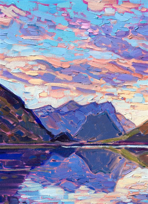 This painting captures a scene in Norway inspired by pre-dawn illuminated clouds reflected in the still, cold waters. The crisp, clear air made the colors bright and pure in the early morning light. Thick brush strokes of oil paint laid side by side withouth layering create a mosaic of color and texture across the canvas.