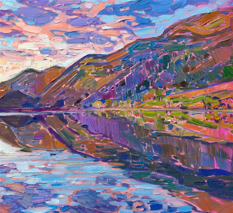 This painting captures a scene in Norway inspired by pre-dawn illuminated clouds reflected in the still, cold waters. The crisp, clear air made the colors bright and pure in the early morning light. Thick brush strokes of oil paint laid side by side withouth layering create a mosaic of color and texture across the canvas.