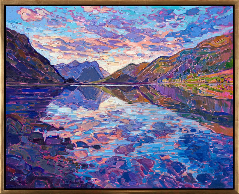This painting captures a scene in Norway inspired by pre-dawn illuminated clouds reflected in the still, cold waters. The crisp, clear air made the colors bright and pure in the early morning light. Thick brush strokes of oil paint laid side by side withouth layering create a mosaic of color and texture across the canvas.