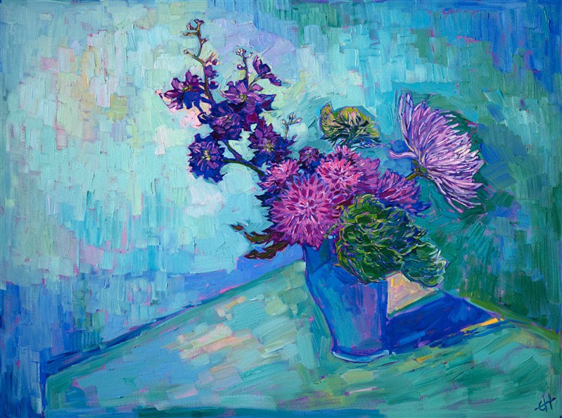 This is the first floral still life created in the Still Life series. This piece captures a bouquet of green and purple staged a teal background. The brush strokes are loose and impressionistic, alive with color and motion.  This piece was created on 1-1/2" canvas, and it is hung with a hand-made gold floater frame.