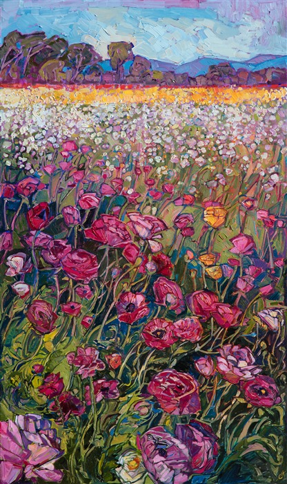 Rainbow hues of cultivated flowers grow in colorful bands in northern San Diego. Lush brush strokes and vivid texture bring to life the famous Carlsbad Flower Fields. This painting was created on gallery-depth canvas, and it arrives framed in a 23kt gold floater frame.