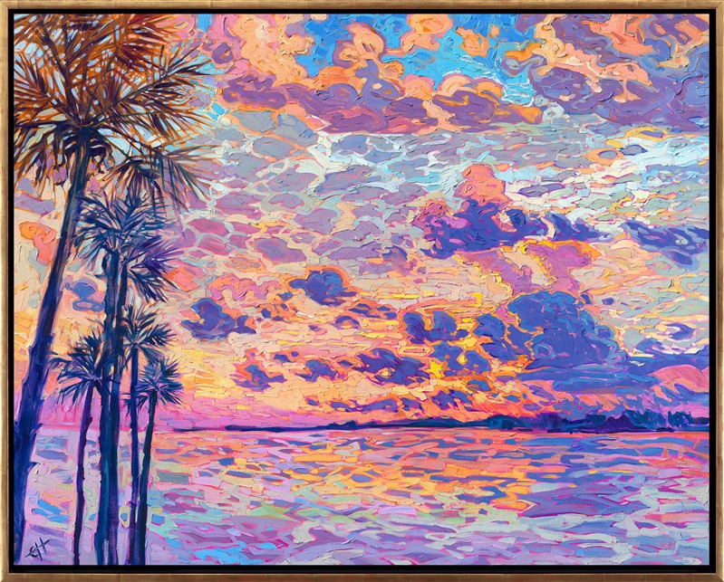 A monsoon sky in Clearwater, Florida, is captured in thick, impressionistic brush strokes and lively hues of orange, pink, and blue. This sunset painting recreates the feeling of actually standing by the bay and seeing the sunset in person, in all its wide expanse of beauty.</p><p>"Florida Palms" is an original oil painting created on gallery-depth canvas. The piece arrives framed in a contemporary gold floating frame.