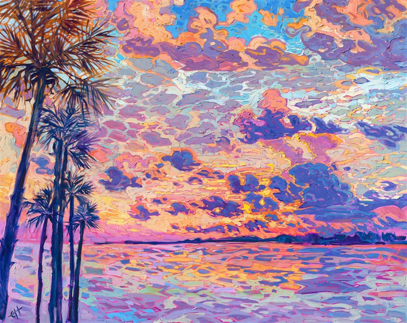 A monsoon sky in Clearwater, Florida, is captured in thick, impressionistic brush strokes and lively hues of orange, pink, and blue. This sunset painting recreates the feeling of actually standing by the bay and seeing the sunset in person, in all its wide expanse of beauty.</p><p>"Florida Palms" is an original oil painting created on gallery-depth canvas. The piece arrives framed in a contemporary gold floating frame.