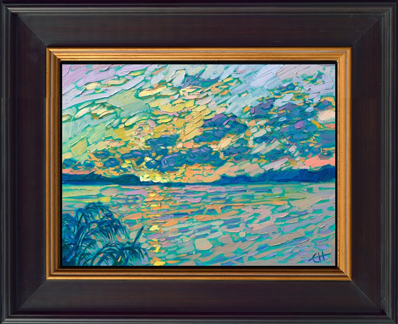 These turquoise waters were inspired by a sunset in Clearwater, Florida. The Florida palms in the foreground draw you into the vista of clouds and reflected color. Each brush stroke is placed with free, confident motion, without overlapping, in the Open Impressionism style.</p><p>"Florida Reflections" is an original oil painting on linen board. The piece arrives in a 4"-wide, black and gold frame.</p><p>This piece will be displayed in Erin Hanson's annual <i><a href="https://www.erinhanson.com/Event/petiteshow2023">Petite Show</i></a> in McMinnville, Oregon. This painting is available for purchase now, and the piece will ship after the show on November 11, 2023.