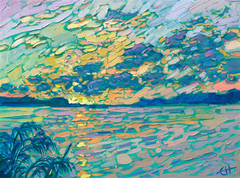 These turquoise waters were inspired by a sunset in Clearwater, Florida. The Florida palms in the foreground draw you into the vista of clouds and reflected color. Each brush stroke is placed with free, confident motion, without overlapping, in the Open Impressionism style.

"Florida Reflections" is an original oil painting on linen board. The piece arrives in a 4"-wide, black and gold frame.

This piece will be displayed in Erin Hanson's annual <i><a href="https://www.erinhanson.com/Event/petiteshow2023">Petite Show</i></a> in McMinnville, Oregon. This painting is available for purchase now, and the piece will ship after the show on November 11, 2023.