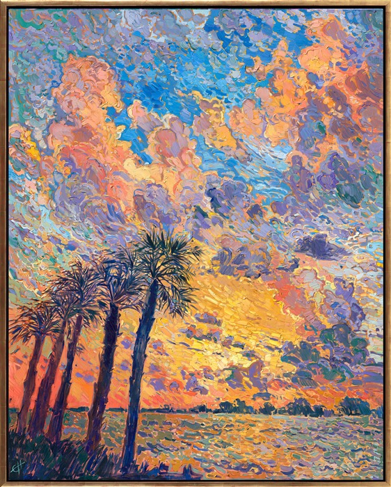 Florida's ever-changing weather makes for some gorgeous skies. This painting captures the view across Clearwater Bay. The mustard yellow and pale peach billowing clouds contrast beautifully against the baby blue sky. Thick brush strokes of oil paint capture the movement and transient light of the scene.