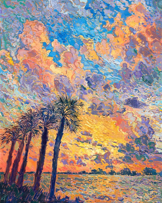 Florida's ever-changing weather makes for some gorgeous skies. This painting captures the view across Clearwater Bay. The mustard yellow and pale peach billowing clouds contrast beautifully against the baby blue sky. Thick brush strokes of oil paint capture the movement and transient light of the scene.