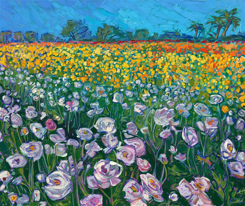 The Carlsbad flower fields bloom with wild primary and pastel hues in the spring. The ranunculus flowers stand out brightly against the dark green leaves and stalks. This oil painting captures their rainbow hues with thick, impressionist brush strokes.</p><p>"Flower Field" was created on 1-1/2" canvas, with the painting continued around the edges. The piece arrives framed in a custom-made, champagne gold floater frame.