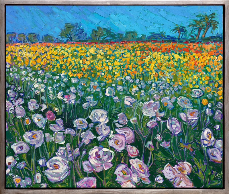The Carlsbad flower fields bloom with wild primary and pastel hues in the spring. The ranunculus flowers stand out brightly against the dark green leaves and stalks. This oil painting captures their rainbow hues with thick, impressionist brush strokes.</p><p>"Flower Field" was created on 1-1/2" canvas, with the painting continued around the edges. The piece arrives framed in a custom-made, champagne gold floater frame.