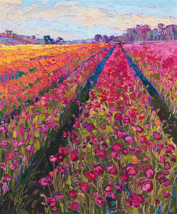 You do not need to travel all the way to Europe to discover wide sweeping fields of brightly colored flowers. Right here in San Diego, we have the Carlsbad Flower Fields, a gorgeous display of ranunculus flowers arranged in contrasting bands of color. This painting captures the flower fields in the bright afternoon sun of early spring.