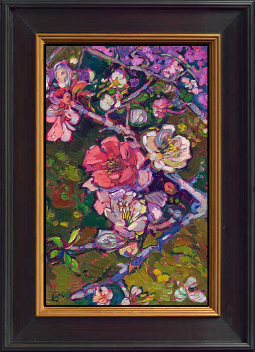 When I was photographing the cherry blossoms in Japan, I came across the most beautiful flowering quince I have ever seen. The bush was covered in flowers varying in color from pure white to blush to deep pink. This painting captures the beauty of these Japanese flowers with thick, expressive brush strokes of luscious oil paint.