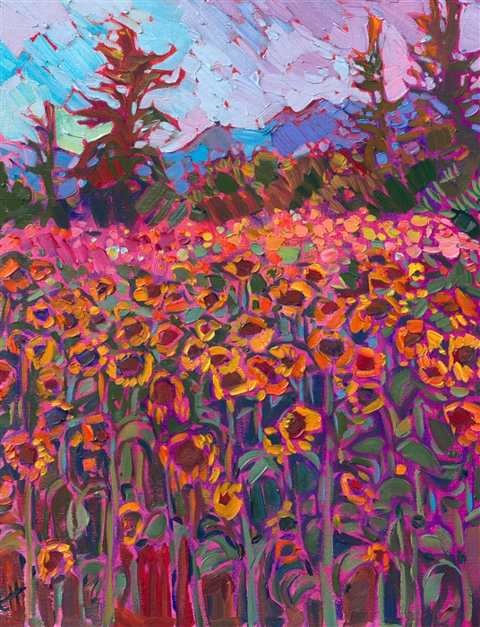 A field of sunflowers catches the warm light of dusk in this petite oil painting of Oregon's idyllic landscape. The brushstrokes are loose and expressive, conveying a sense of movement within the piece.</p><p>"Flowers at Dusk" is an original oil painting on linen board. The piece arrives framed in a black and gold plein air frame.